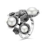 Anillo De Plata Flor Oxidado y Perla #7