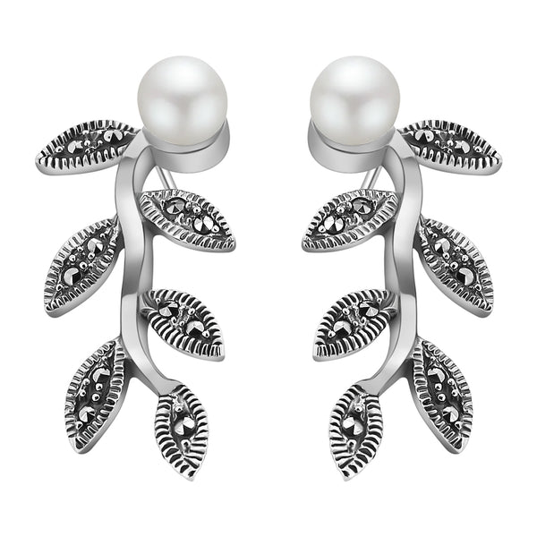 Aretes De Hoja Con Perla Plata Con Marquesita