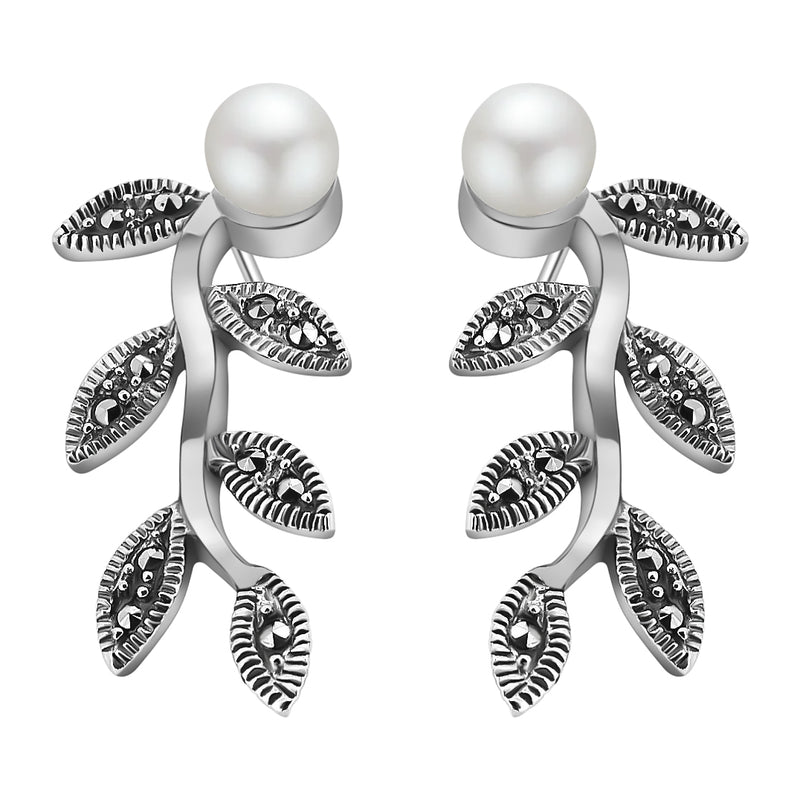 Aretes De Hoja Con Perla Plata Con Marquesita