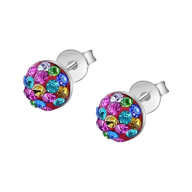 Aretes Media Bola De Colores Plata Con Cristal Multicolor