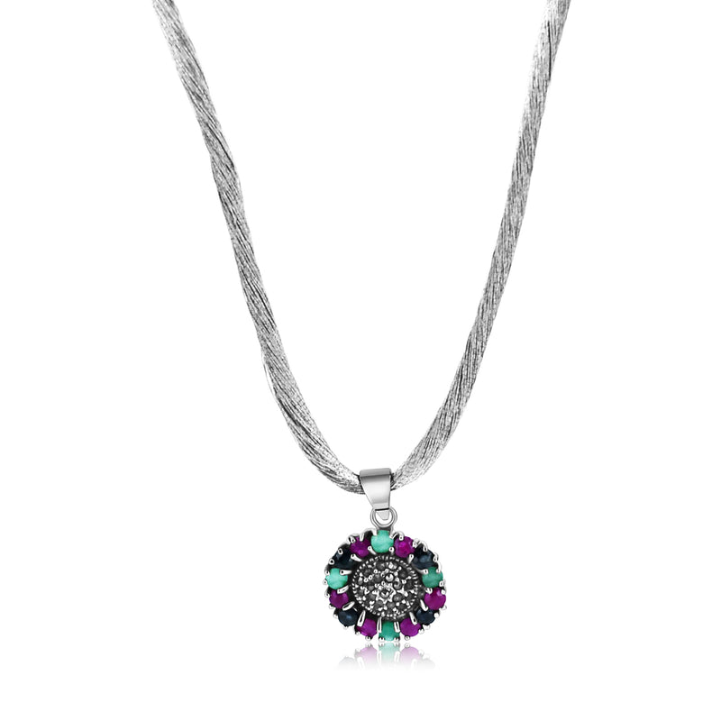 Collar Flor Piedras Preciosas Con Cordón De Seda 40 cm / Multicolor