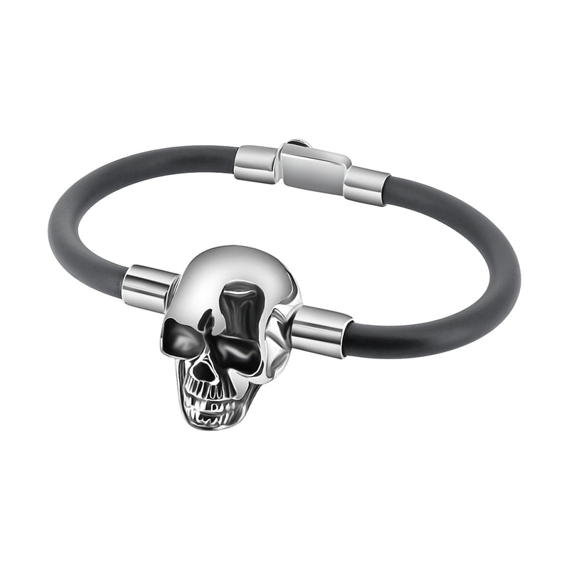 Pulsera De Caucho Con Dije Calavera De Plata