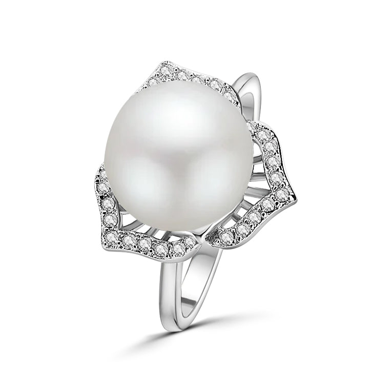 Anillo Flor Perla De Plata Con Circonia Ajustable