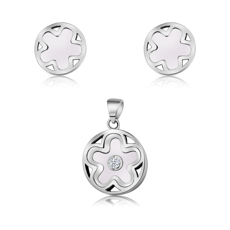 Juego De Flor En Círculo Plata Con Perla Perla