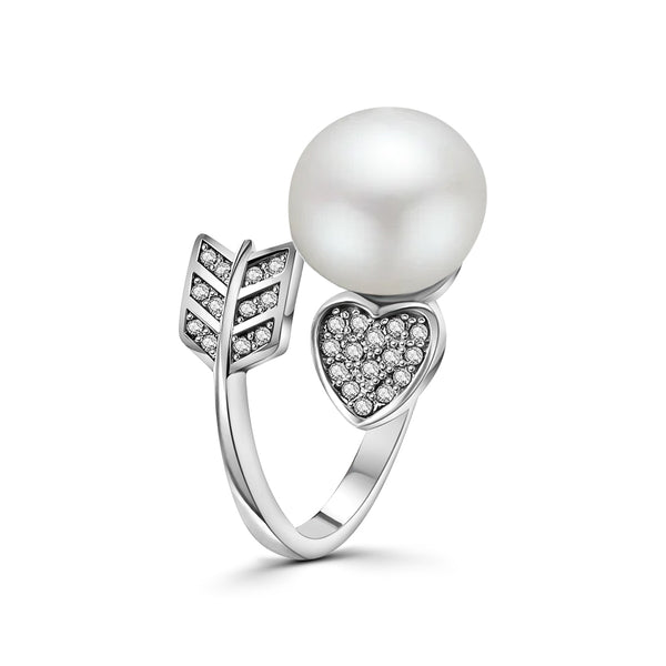 Anillo Corazón y Flecha De Plata Con Perla #5.5