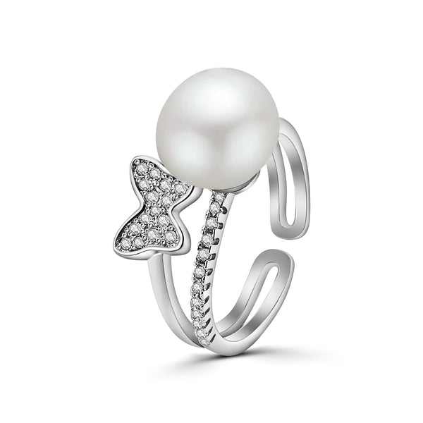 Anillo Doble Mariposa Con Circonia y Perla De Plata #7 / Ajustable