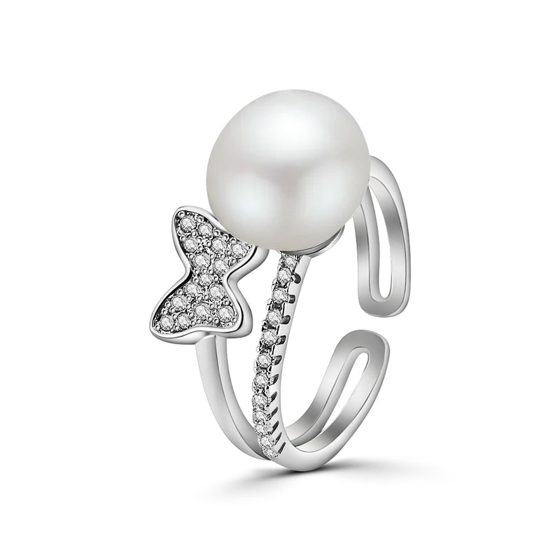 Anillo Doble Mariposa Con Circonia y Perla De Plata #7 / Ajustable